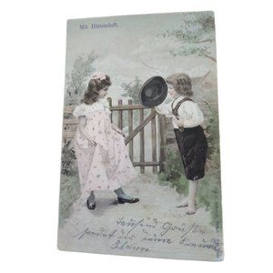 Vintage Adorable Dutch Boy and Girl Curtsy/Bow Mit Bllutendaft Floral Scent 1904